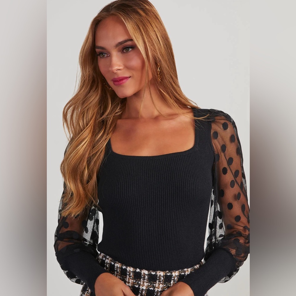 Vici dolls ribbed sweater with mesh polka dot sleeves size XS